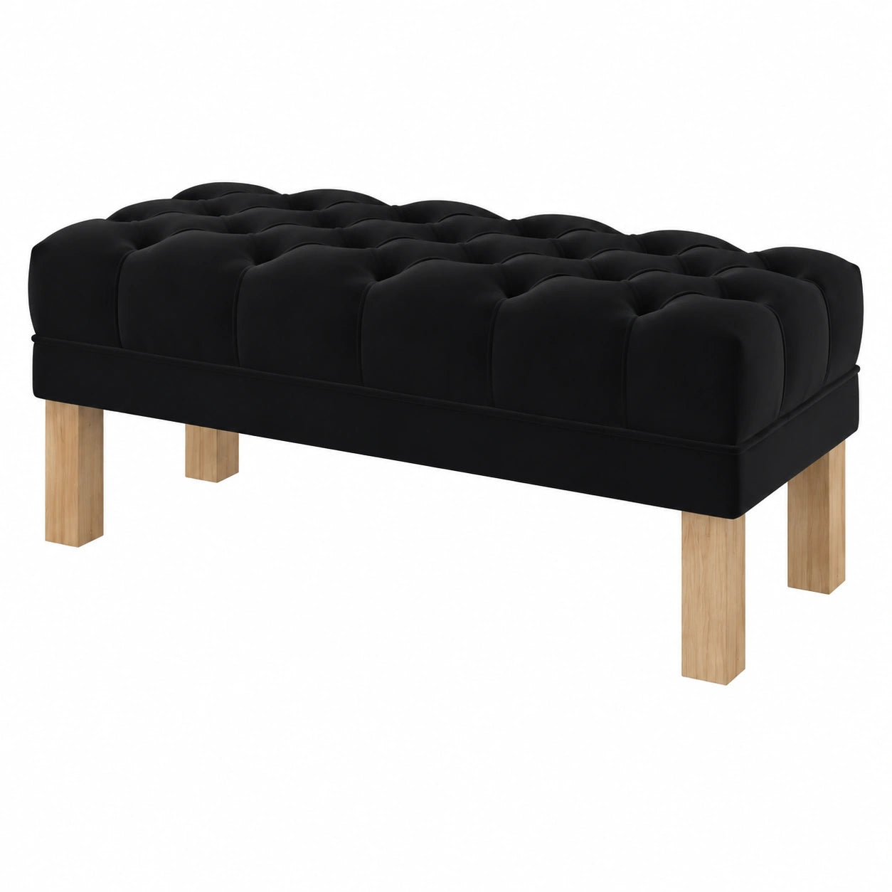 Banco otomano tapizado en capitoné de terciopelo negro con patas cuadradas, 120 cm