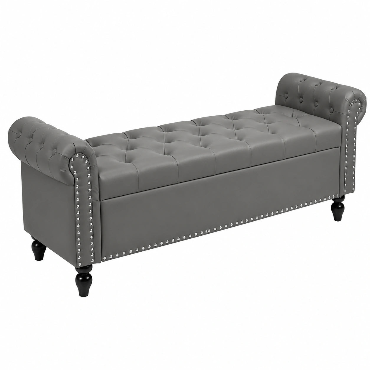 Banco de Almacenaje de Cuero Sintético con Patas de Madera y Cojín de Espuma, Gris