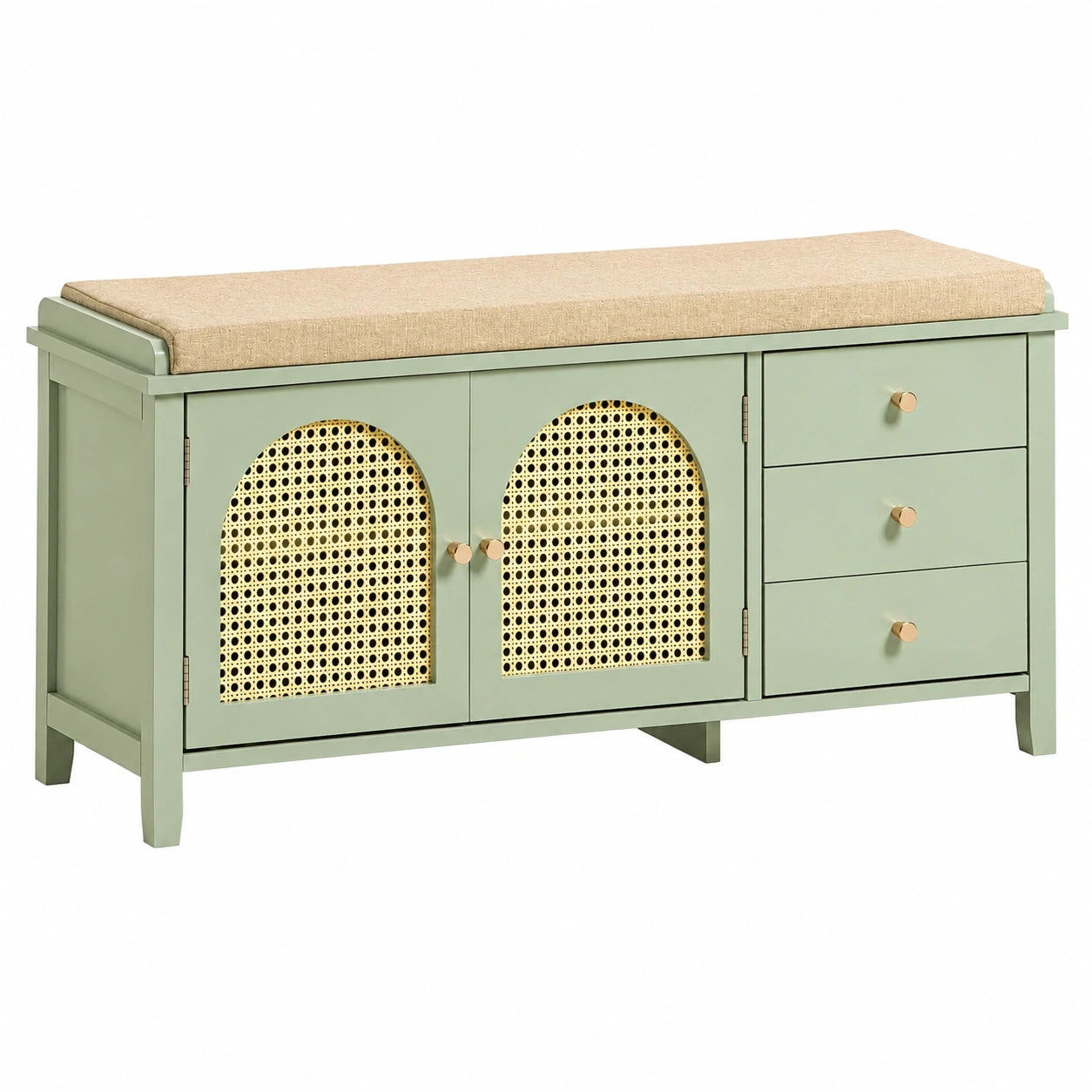 Banco Zapatero Multifuncional con Asiento y Almacenaje, 3 Cajones y 2 Puertas, Ideal para Pasillo y Dormitorio, Color Verde