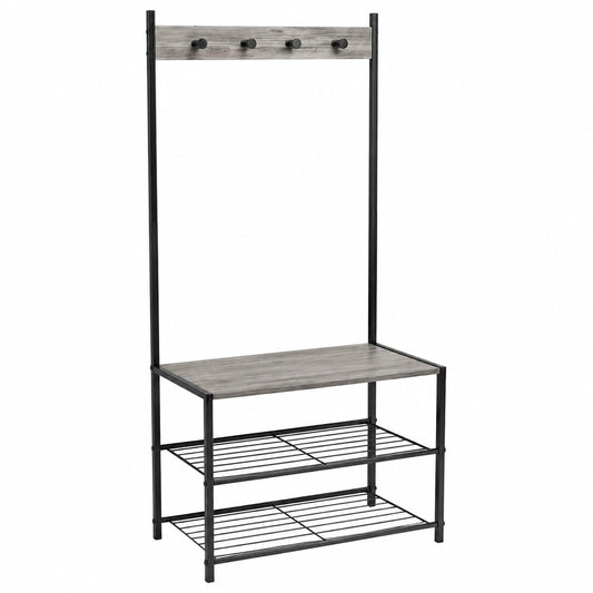 Mueble de Entrada con Banco y Estantes para Zapatos, Perchero con Colgadores para Hogar y Oficina, 175x60x40 cm