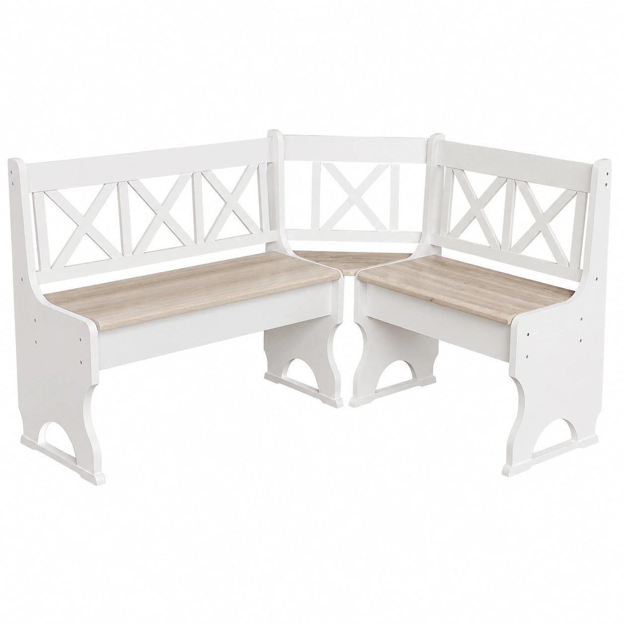Banco rinconero de pino blanco ecológico con asiento natural, 120x150 cm, marca Tulviano, en madera sólida y acabado natural