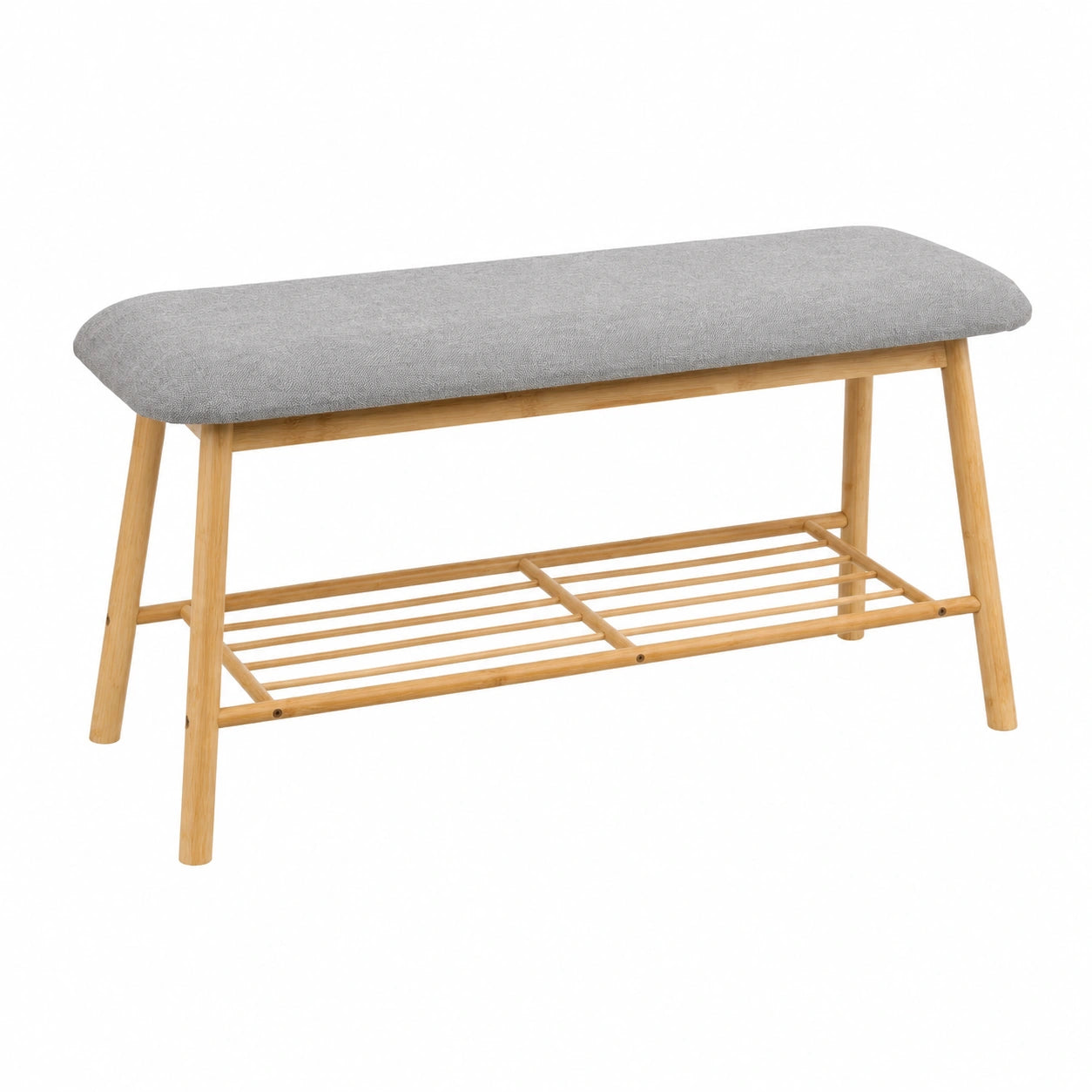 Banco zapatero de bambú marrón y gris con asiento acolchado de poliéster, 90x30x44 cm. Organizador multifuncional y cómodo para la entrada.