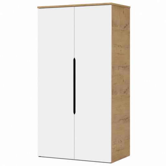 Armario Ropero Moderno 2 Puertas con Barras y Estantes, Blanco y Roble Dorado, 200x100x57cm