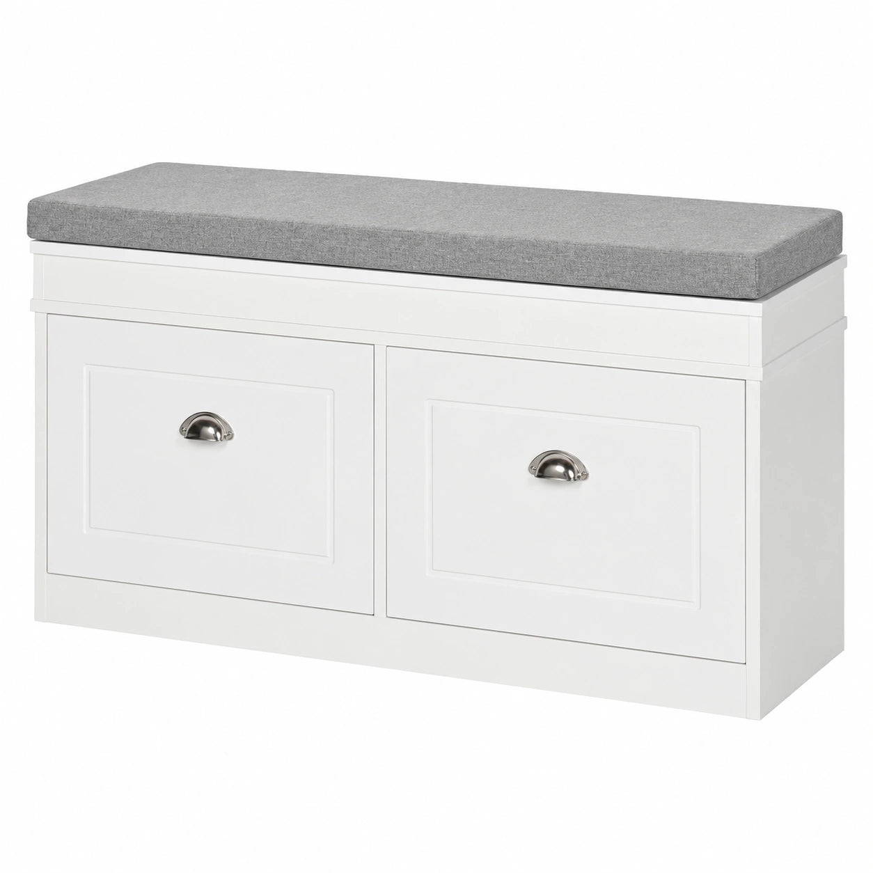 Banco zapatero HOMCOM en blanco con cojín acolchado, estantes ajustables, 2 cajones y capacidad para 8 pares de zapatos.