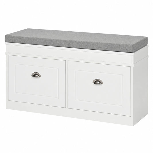 Banco Zapatero HOMCOM con Cojín Acolchado y Almacenamiento para 8 Pares, Estantes Ajustables y 2 Cajones, 104x24x55 cm, Blanco