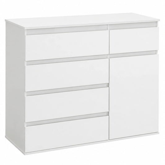 Aparador HOMCOM con 5 Cajones y Estantes Ajustables para Cocina y Dormitorio, Blanco Brillante