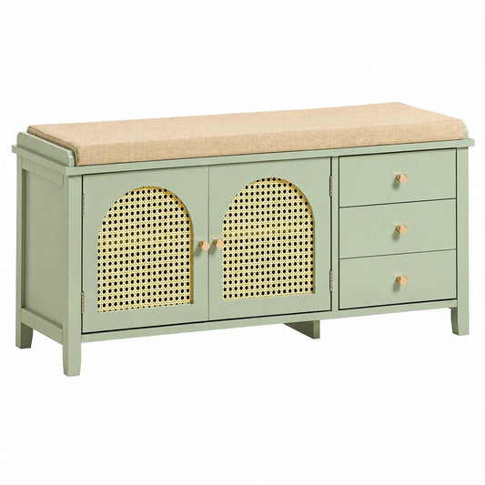 Banco Zapatero Multifuncional con Asiento y Almacenaje, 3 Cajones y 2 Puertas, Ideal para Pasillo y Dormitorio, Color Verde