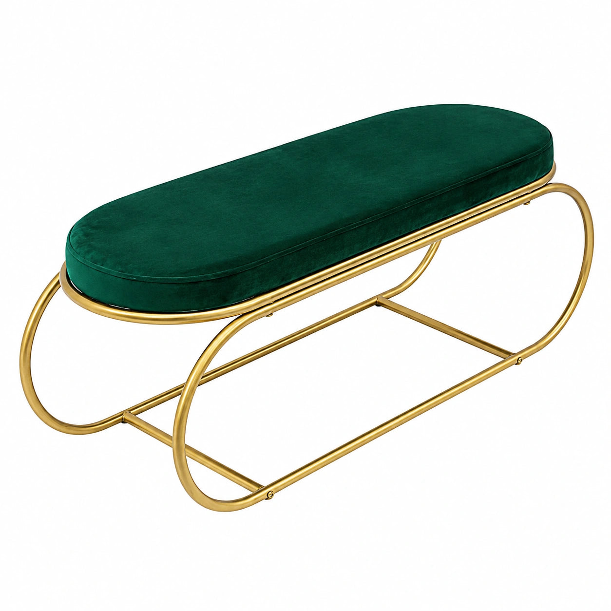 Puff otomano de terciopelo verde con base metálica para salón o dormitorio, 100 x 42 x 41 cm